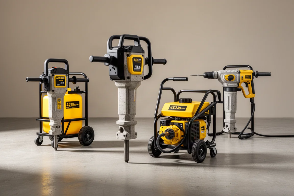 DeWalt 破碎镐、直列式电锤、水箱与电锤摆放在混凝土地面上
