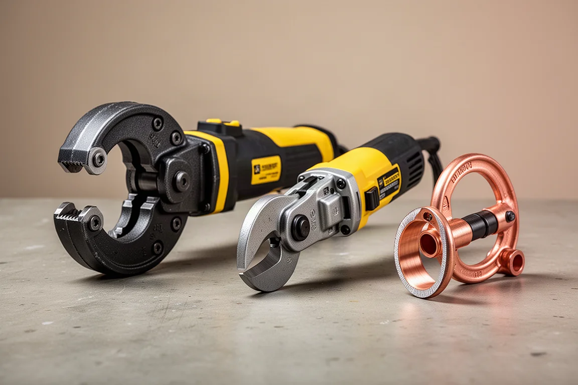 Three DeWalt drill attachments, a PVC cutter, a metal shear, and a copper pipe cutter, on a concrete surface