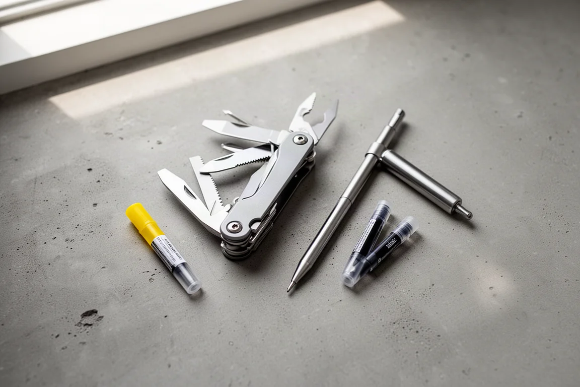 兩款袋裝工具與原子筆芯平放在工作檯上