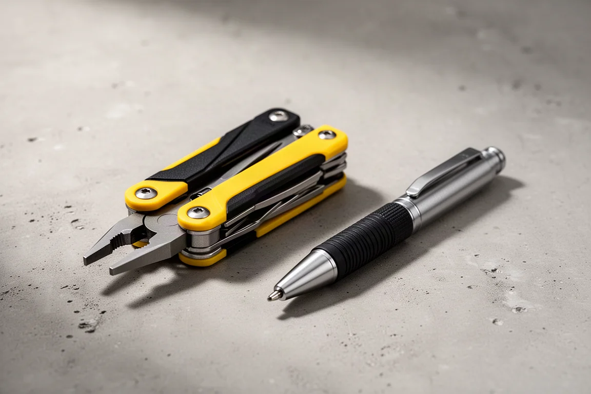 DeWalt MT16 多功能工具與金屬觸控筆原子筆並排放在混凝土上