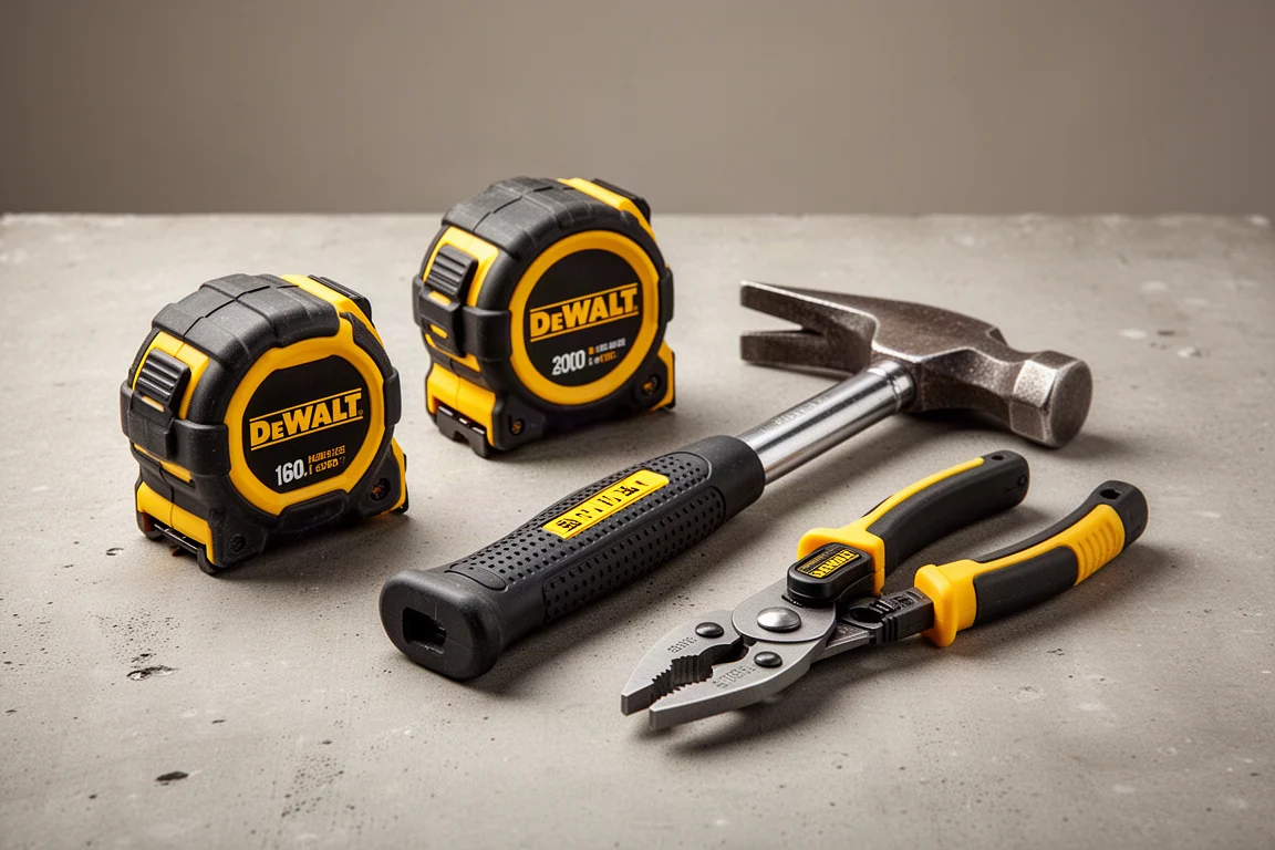 Diverse robuuste DeWalt-handgereedschappen op een betonnen werkplaatsvloer gerangschikt