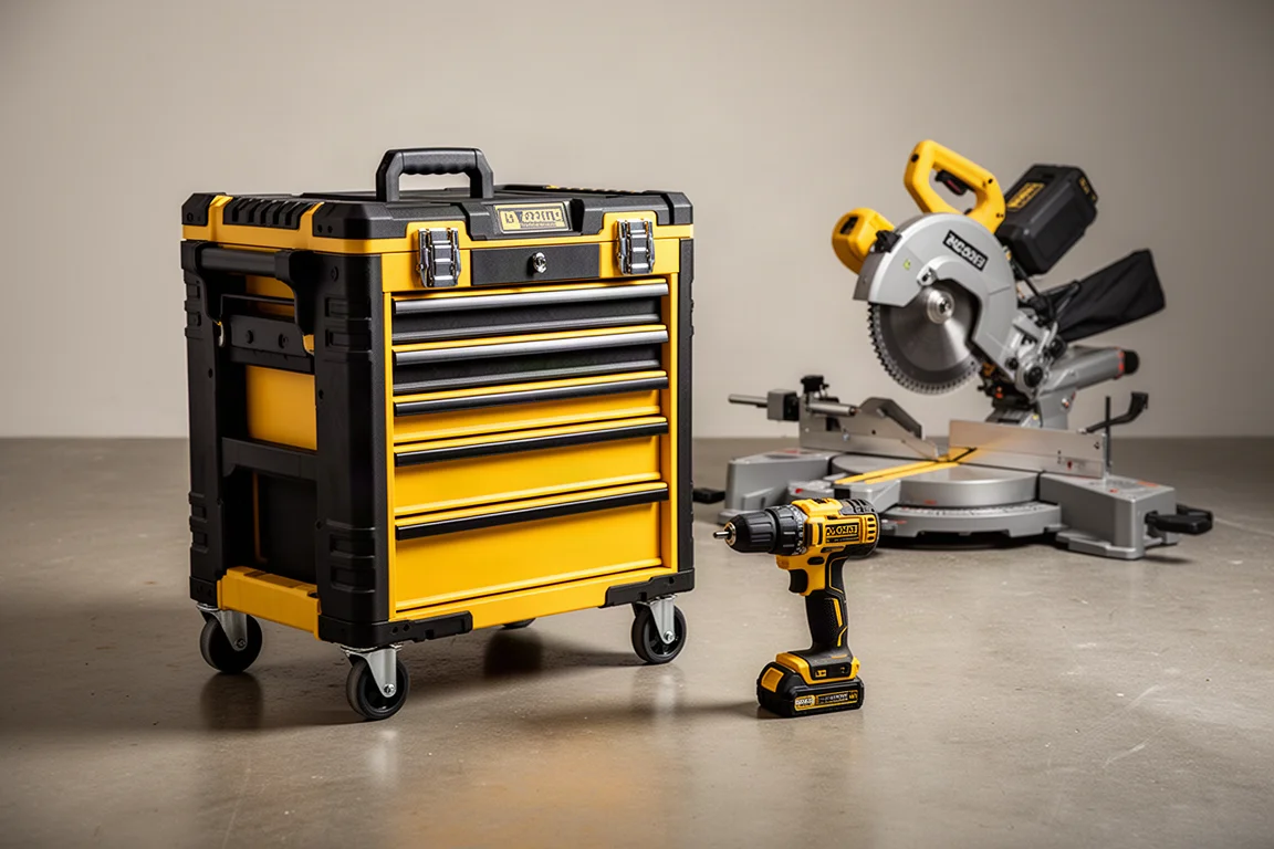 Yellow and black tool storage tower, cordless drill, and miter saw on a concrete workshop floor