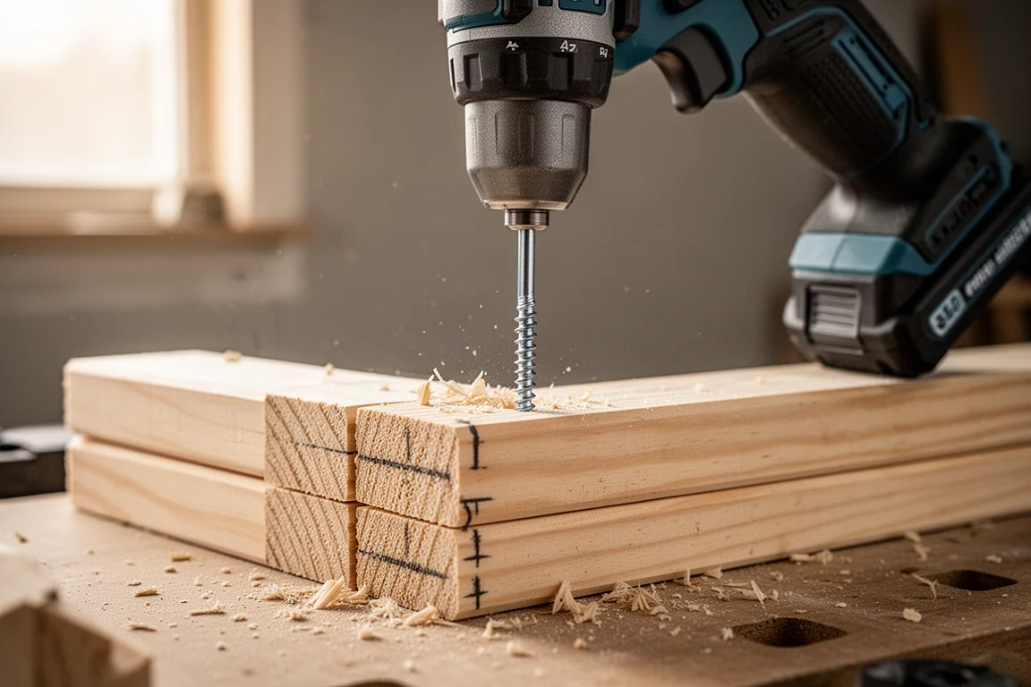 Avvitatore a impulsi che avvita una lunga vite per cartongesso in un montante di legno