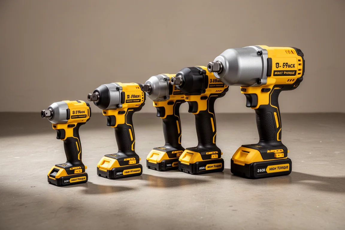 Een rij gele en zwarte DeWalt slagsleutels en schroefmachines op een betonnen vloer