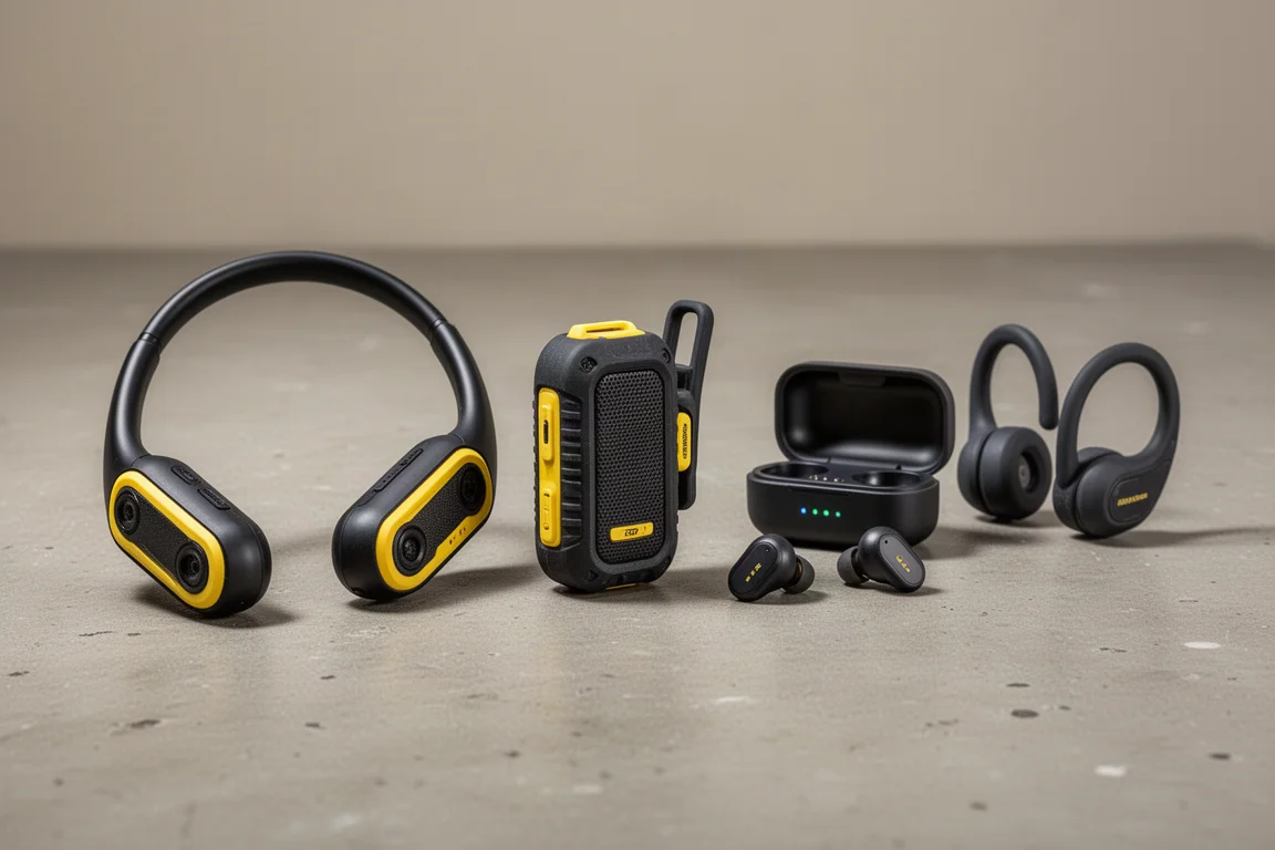 Four rugged DeWalt jobsite audio devices lined up on a concrete surface