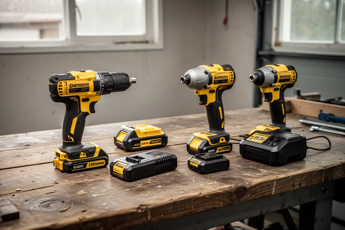 Boor- en schroefmachineset op een garagewerkbank