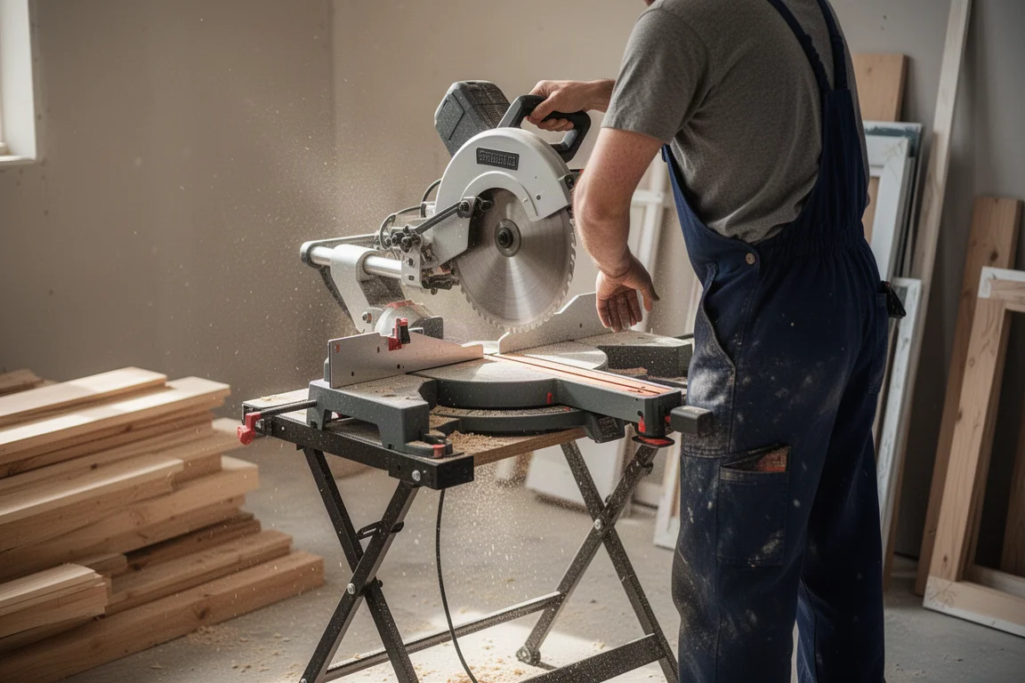 Timmerman hout zagen met een verstekzaag op een bouwplaats
