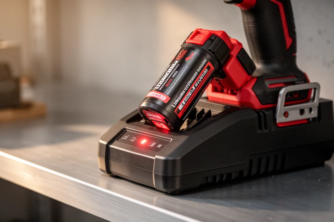 Lithium-ion-accupack en lader op een werkplaatsplank