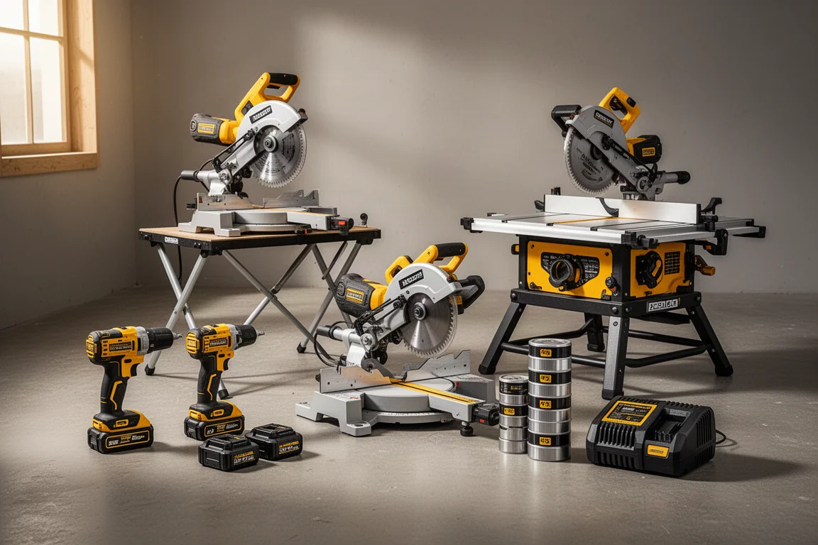 DeWalt and Milwaukee power tools arranged on a concrete workshop floor
