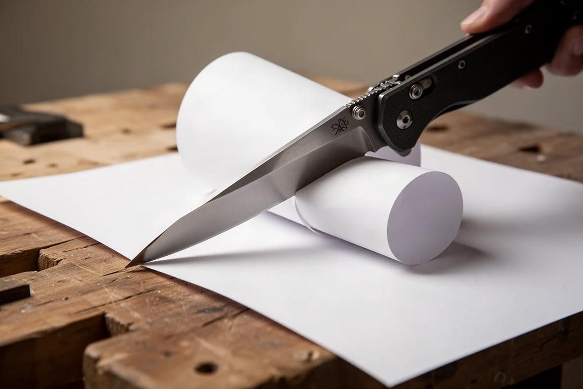 Lama di un coltello pieghevole che taglia con precisione un foglio di carta su un banco