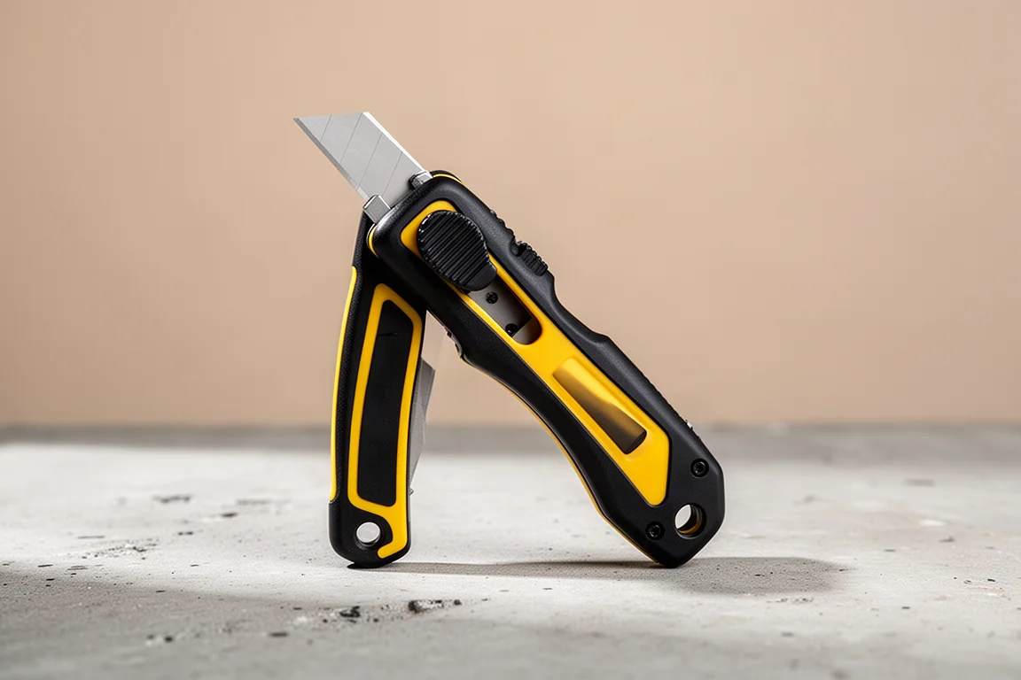 Coltello utilitario pieghevole aperto con una lama per taglierini bloccata in posizione