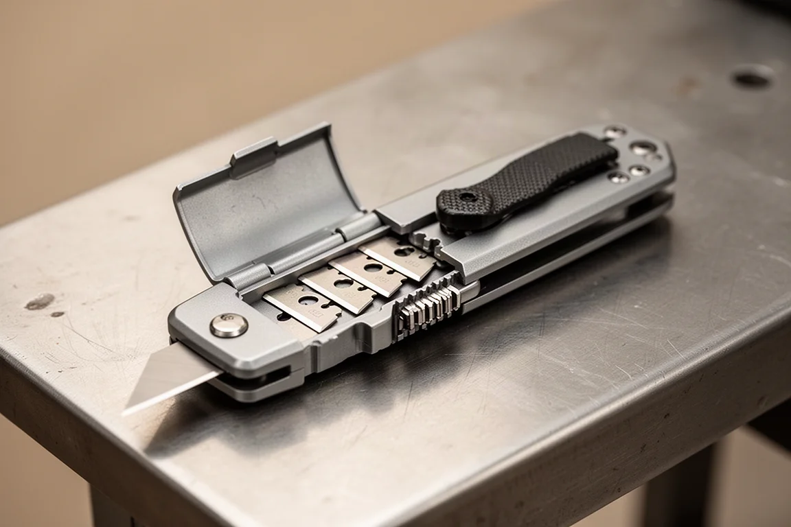Coltello utilitario con lo sportello del portalame aperto che rivela le lame di ricambio
