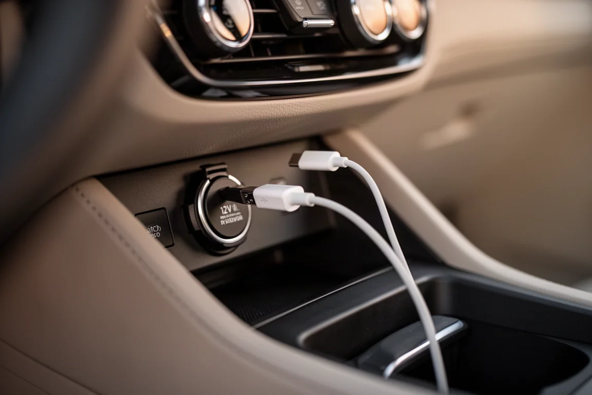 Consola central de un coche con un cable de carga conectado a la toma de 12V