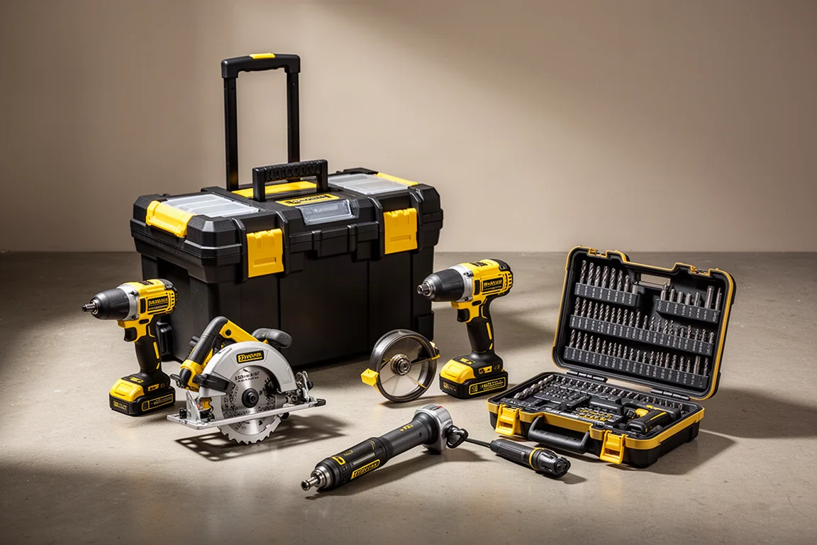 Troncatrice DeWalt, sistema di stoccaggio Tough System 2.0 e combo con trapano a percussione sul pavimento di un'officina
