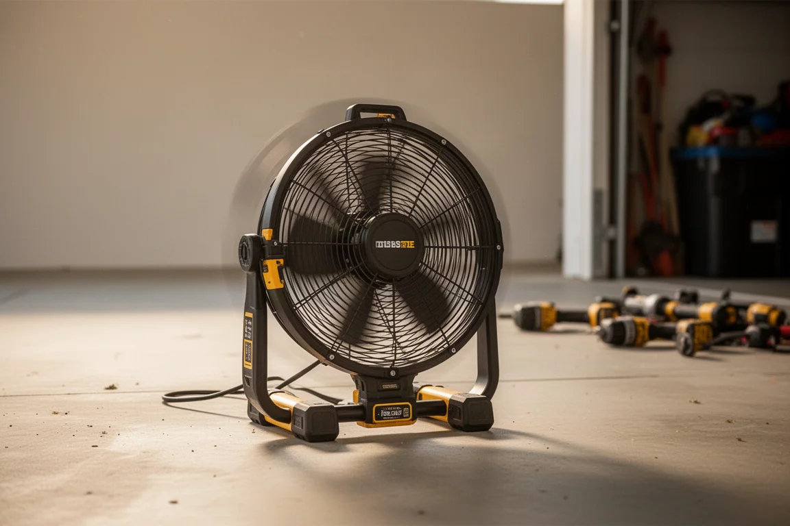 Tragbarer akkubetriebener Ventilator steht auf dem Garagenboden und kühlt den Arbeitsbereich