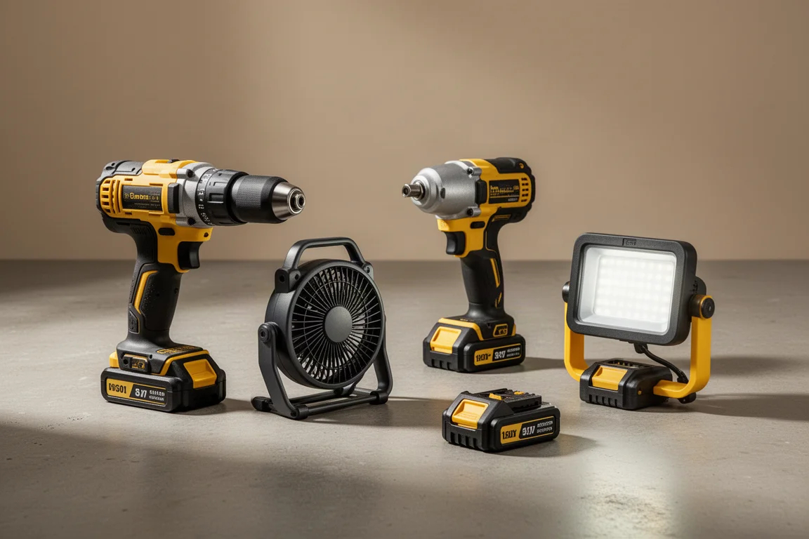 Sammlung von DeWalt-Elektrowerkzeugen und Akkus auf dem Betonboden einer Werkstatt