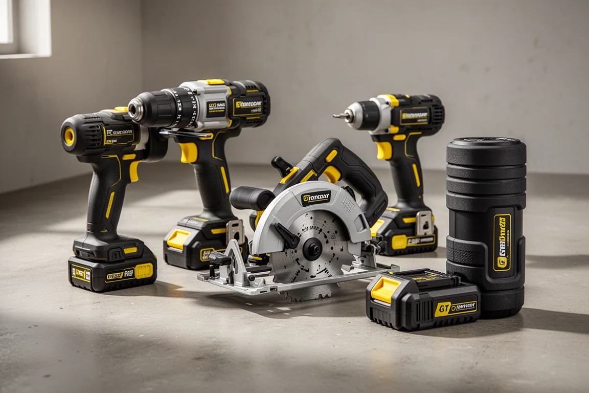 Assortment of DeWalt cordless power tools and battery pack on a concrete workshop floor