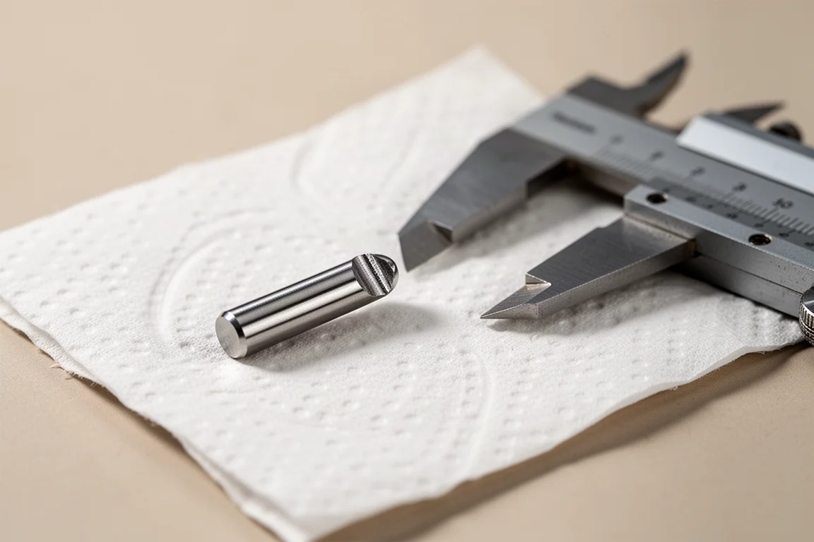 Slijtagespoor op een metalen testpen bekeken onder vergroting
