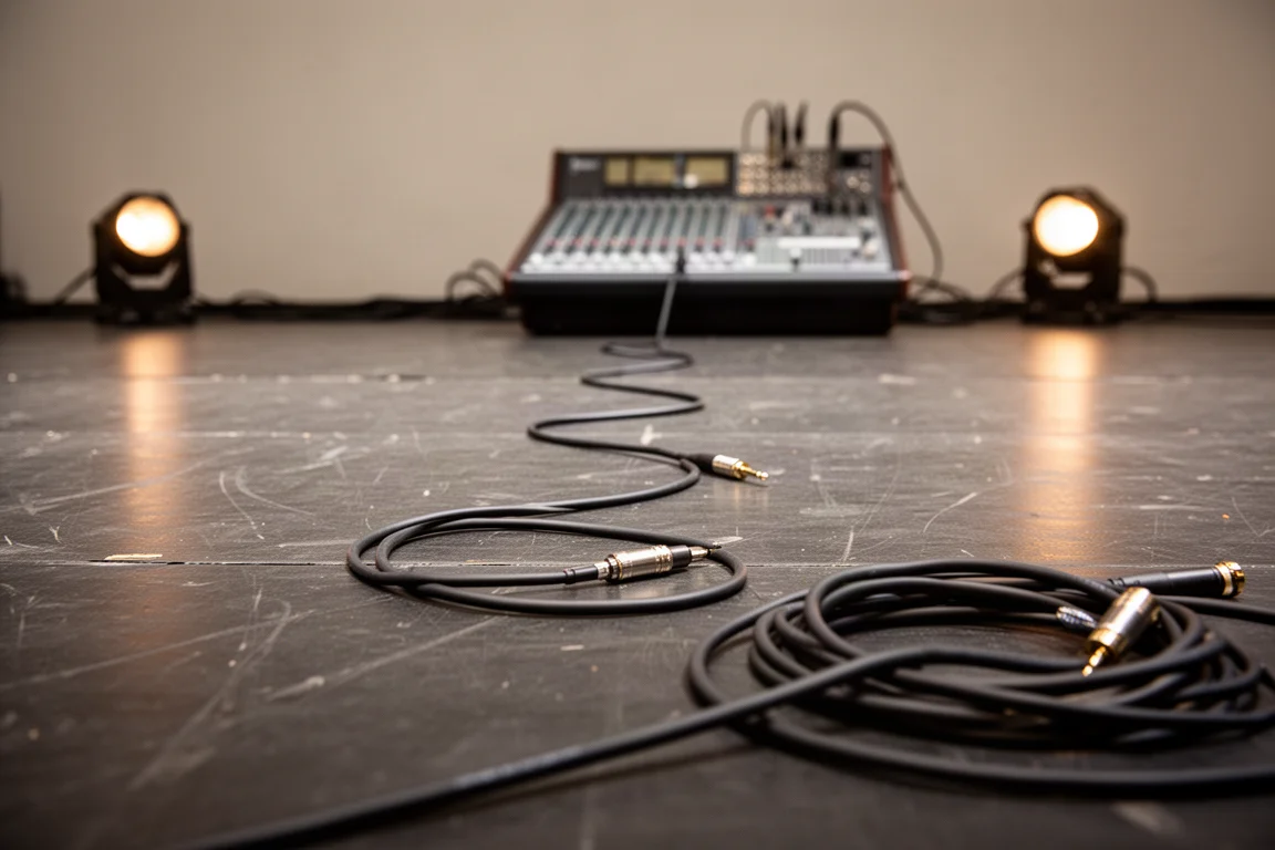 Lange gebalanceerde audiokabel over een donkere podiumvloer richting een mengpaneel