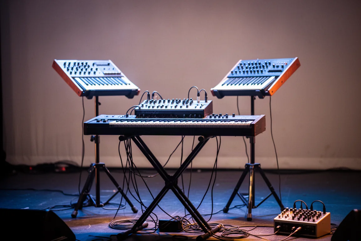 Keyboard- en synthesizeropstelling op een zwak verlicht podium met kabels op de grond