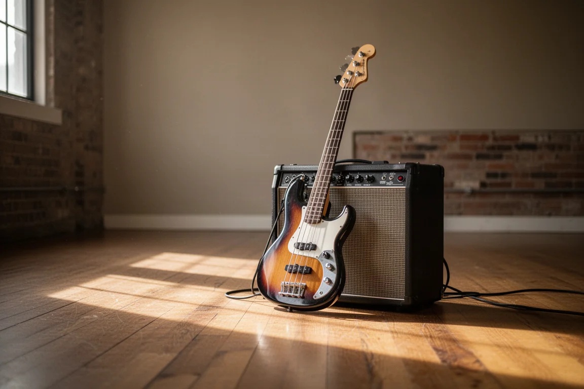 Basgitaar tegen een kleine combo-versterker in een oefenruimte