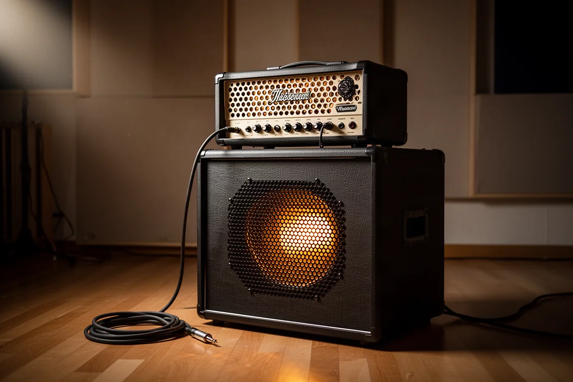 Buizen-gitaarversterkerkop op een speakerkast in een live room van een studio