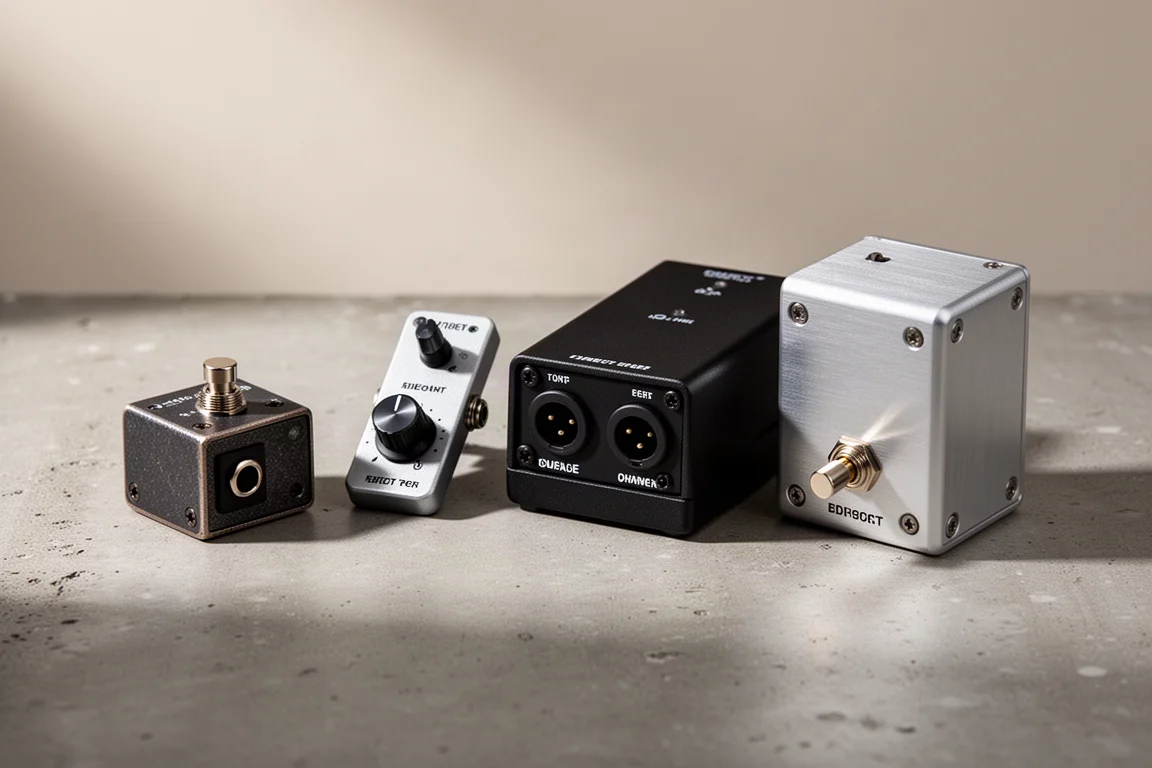Four direct boxes arranged in a row on a matte concrete surface under soft studio light