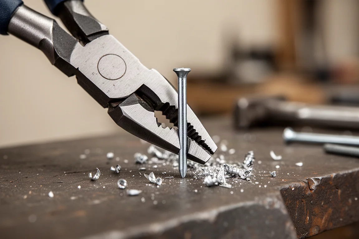 Close-up of diagonal cutter jaws cutting through a steel nail on a workbench