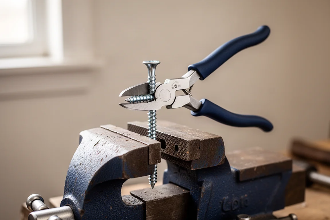 Diagonal cutters cutting through a deck screw held in a bench vise