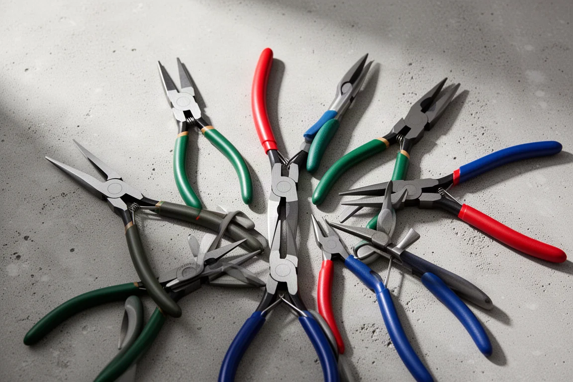 Overhead flat-lay of various pliers and cutting tools on a concrete surface