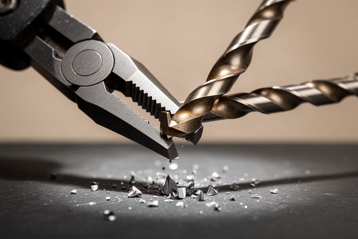 Close-up of a diagonal cutter cutting through a metal drill bit shaft