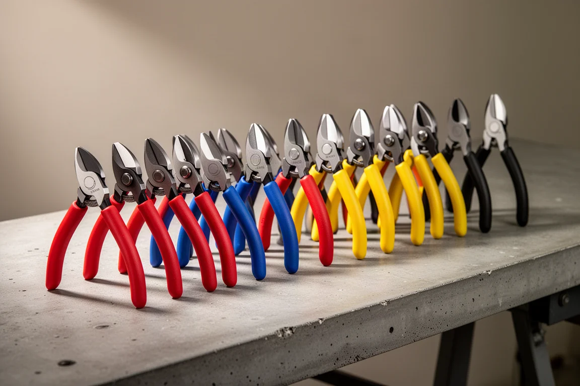 Row of sixteen diagonal cutting pliers with varied colored handles on a concrete workbench