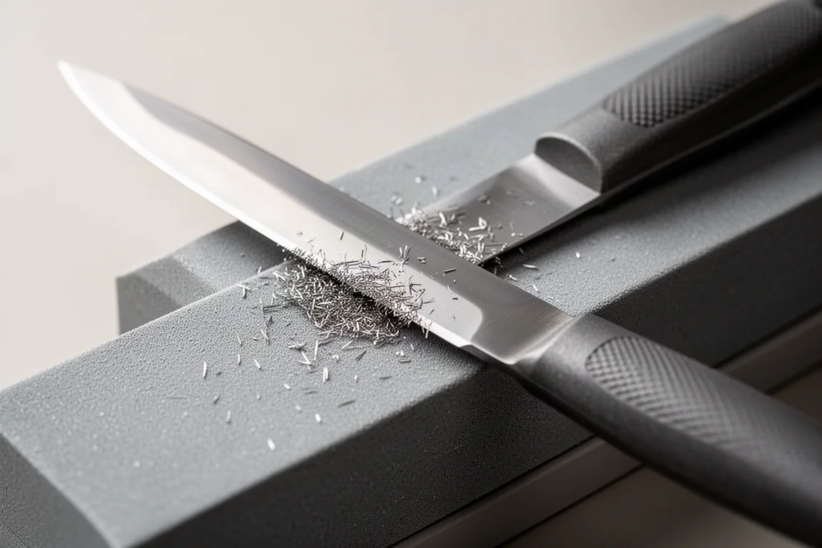Close-up of a knife blade being touched up on a fine diamond abrasive surface