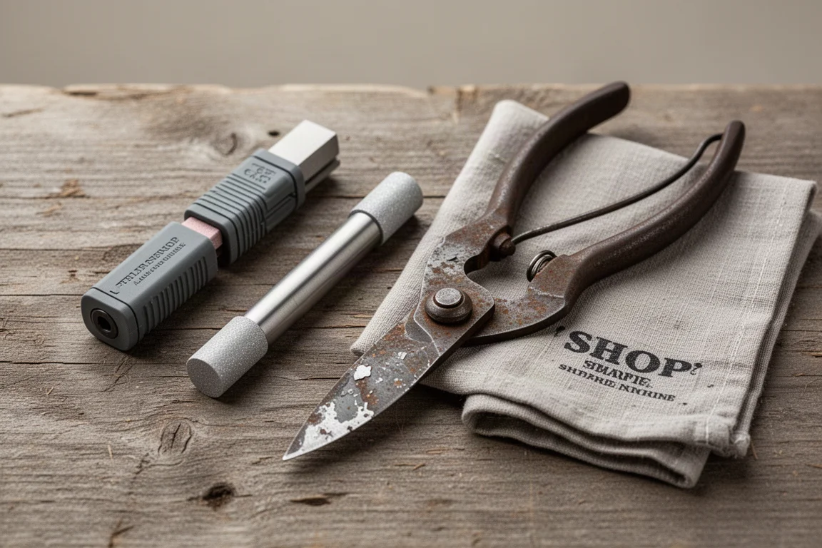 Small diamond sharpening rods resting in a worn field toolkit beside garden shears