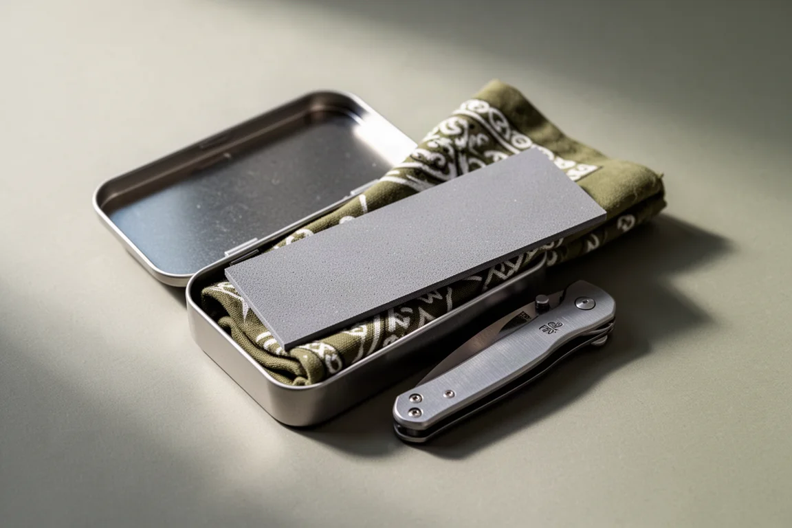 Flat diamond sharpening card slipping into a small open metal survival kit tin