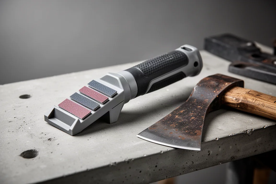 Guided sharpening tool with angle guide resting on a workshop bench next to a hatchet