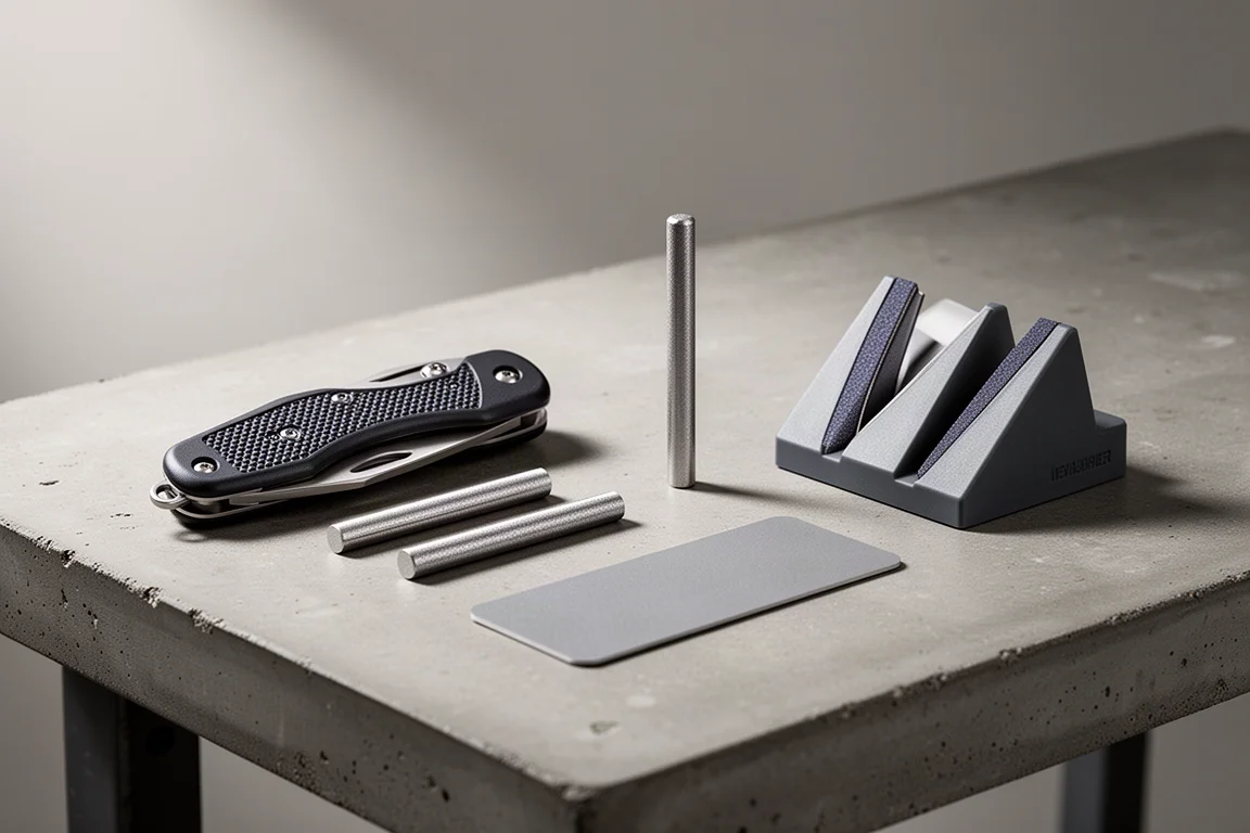 Collection of five diamond sharpening tools arranged on a concrete workbench