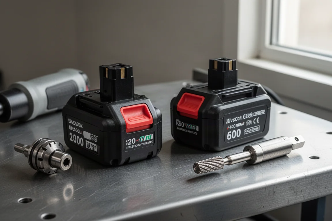 Duas baterias compactas de micro retífica lado a lado sobre uma bancada