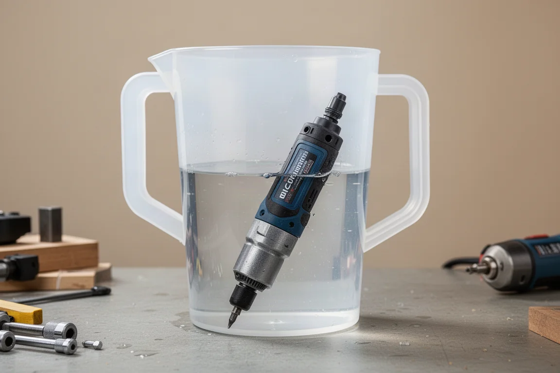 Teste de tamanho volumétrico de micro retífica usando um recipiente graduado com água