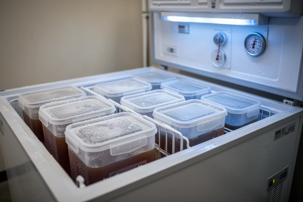Frozen diesel fuel test containers inside a commercial freezer