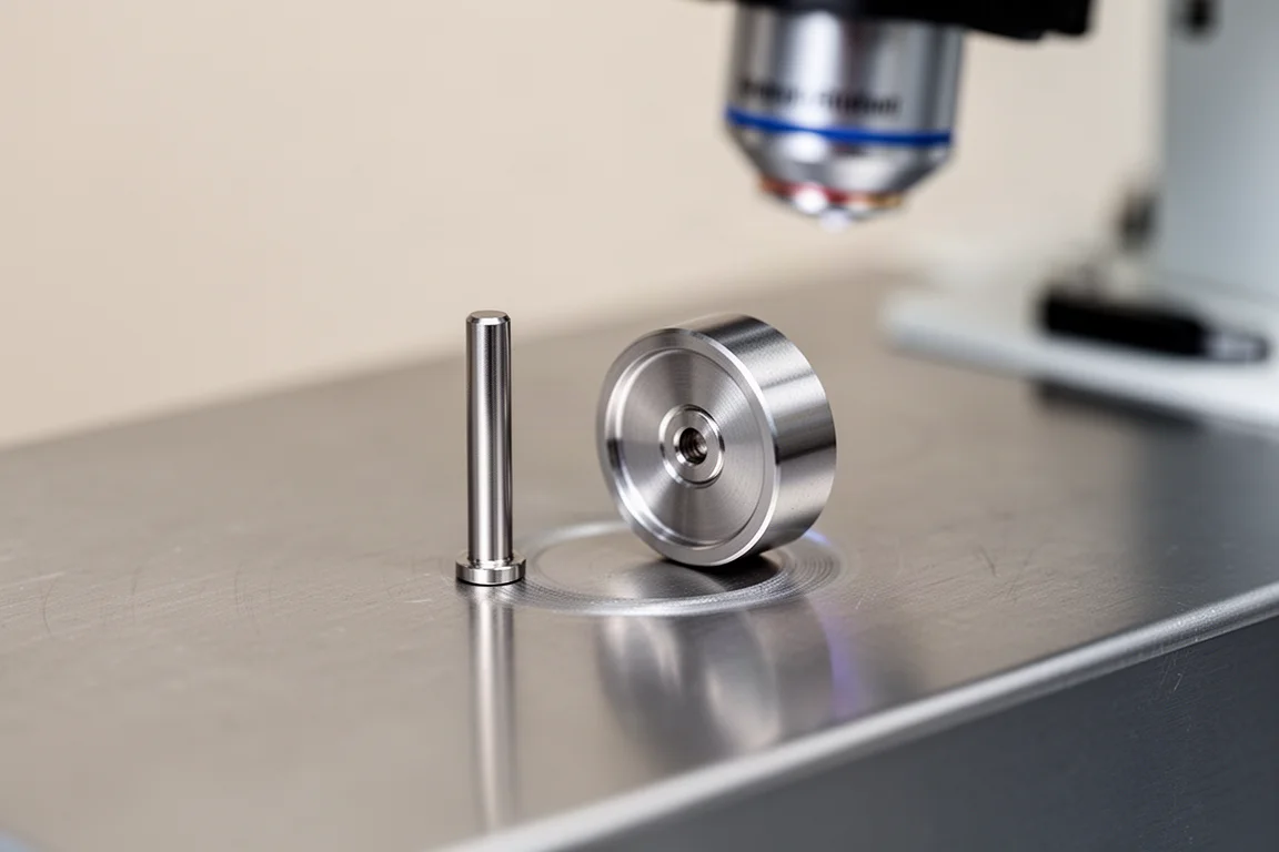 Close-up of a lubricity test pin showing a metal wear scar