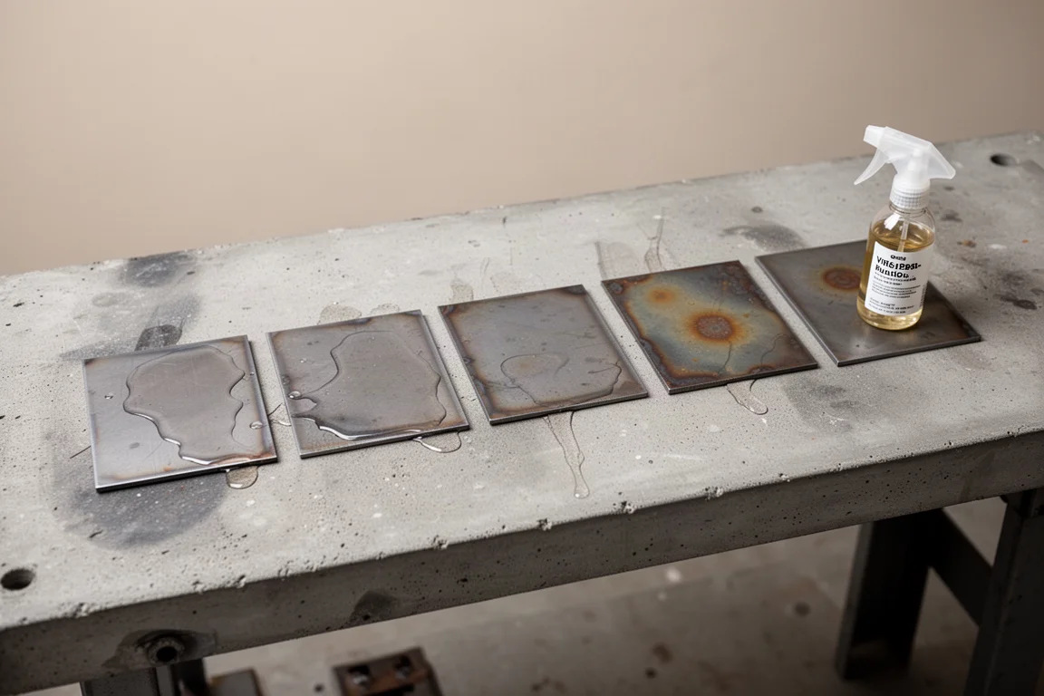 Bare steel test panels treated with different diesel additives during a corrosion test