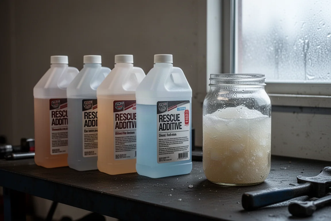 Bottles of emergency diesel rescue additive lined up on a workbench