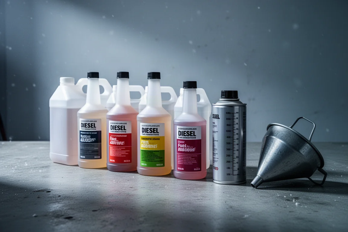 Lineup of diesel fuel additive bottles on a frosted workshop surface