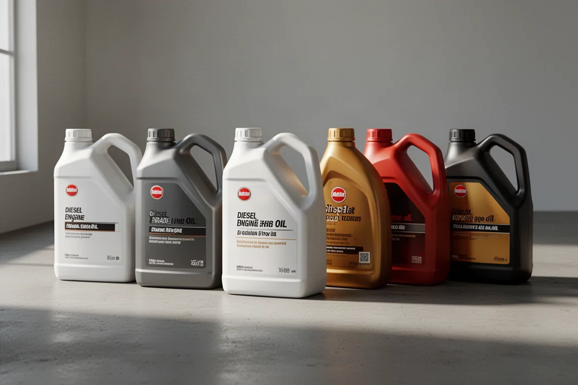 Six one-gallon diesel engine oil containers lined up on a concrete surface
