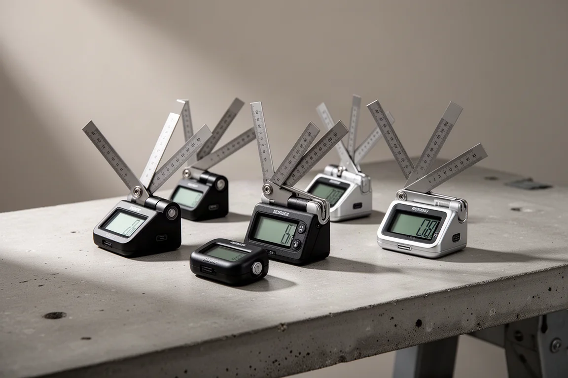 Vier digitale Winkelmesser mit klappbaren Metalllinealen auf einer Betonwerkbank