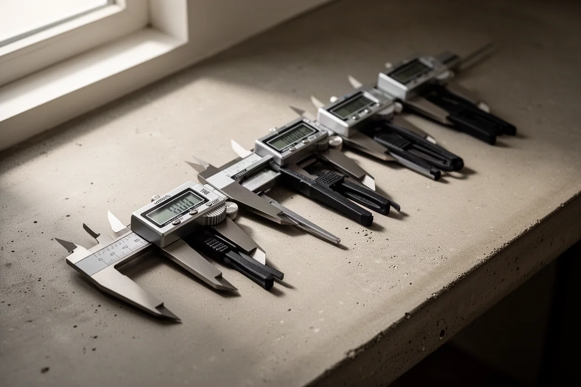Lineup of digital calipers on a concrete workbench