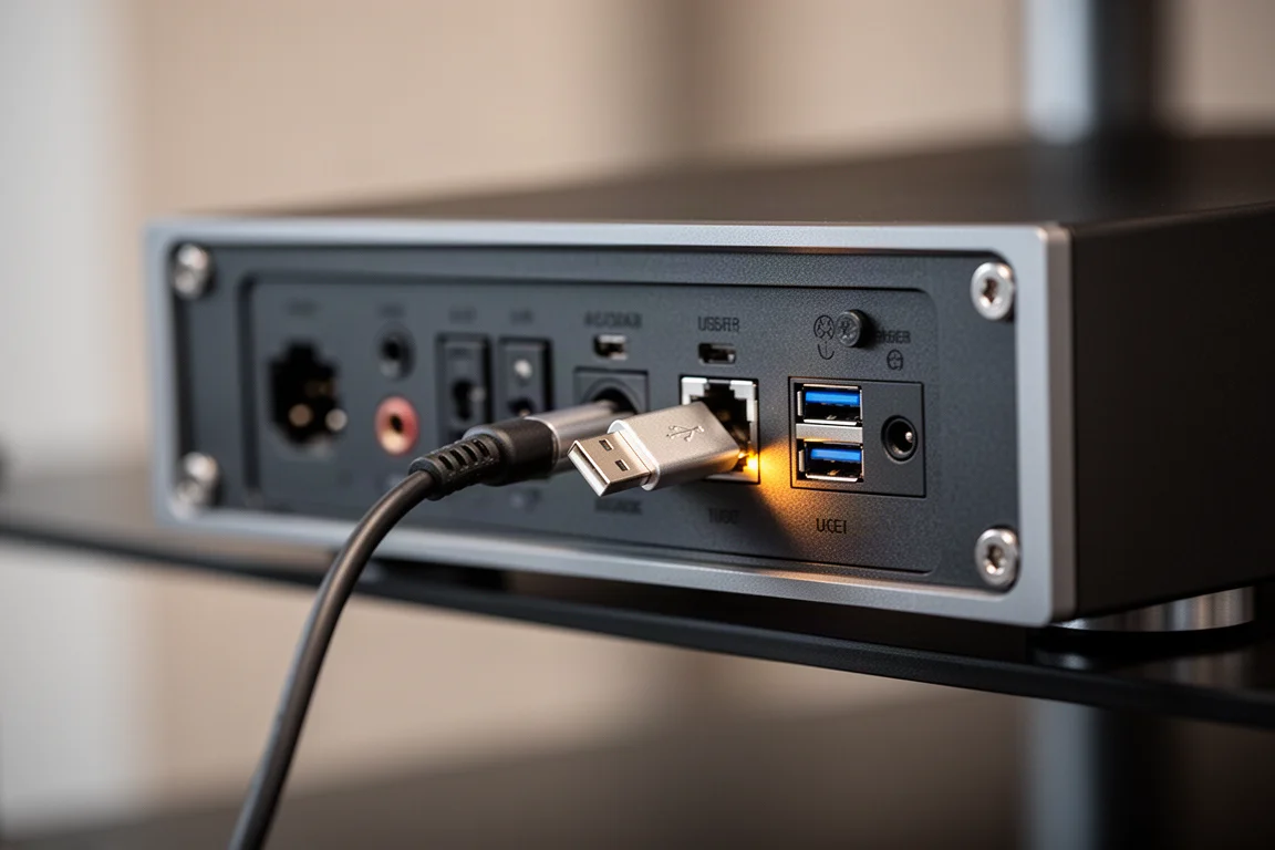 USBケーブルが接続されたHi-Fiストリーミングコンポーネントの背面パネル詳細