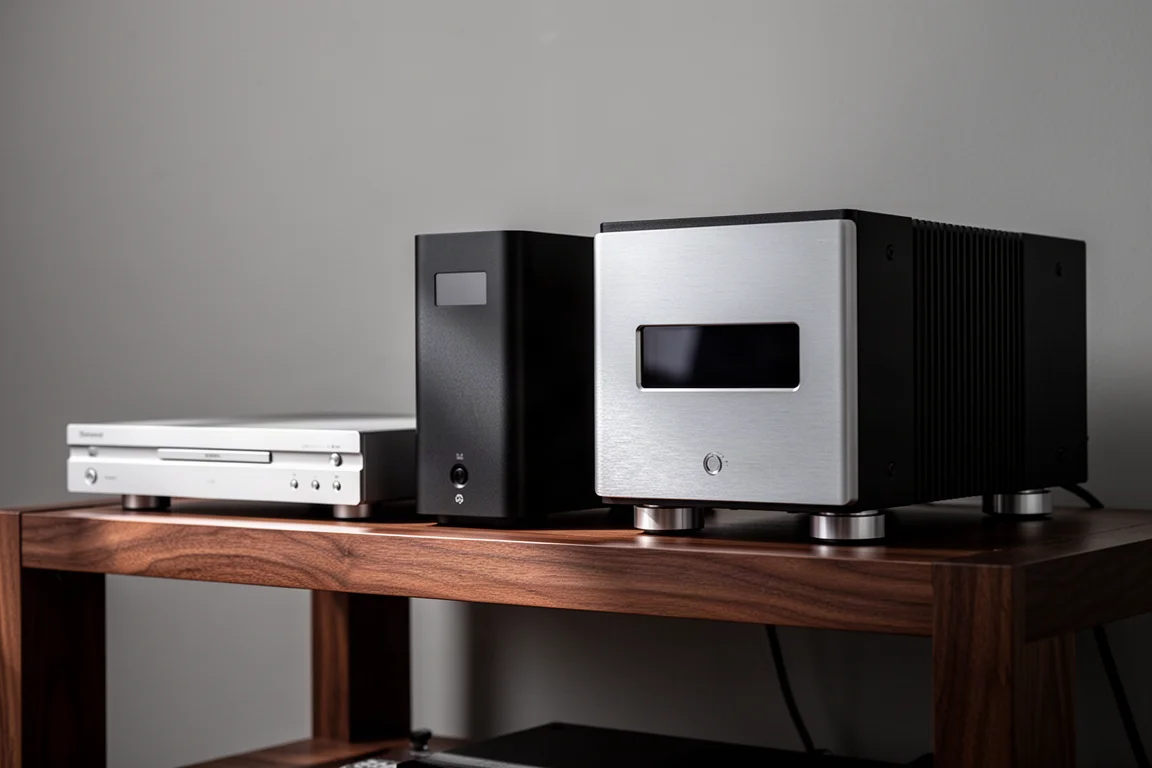 Slim CD player, streaming transport and DAC arranged on a dark wooden hi-fi rack