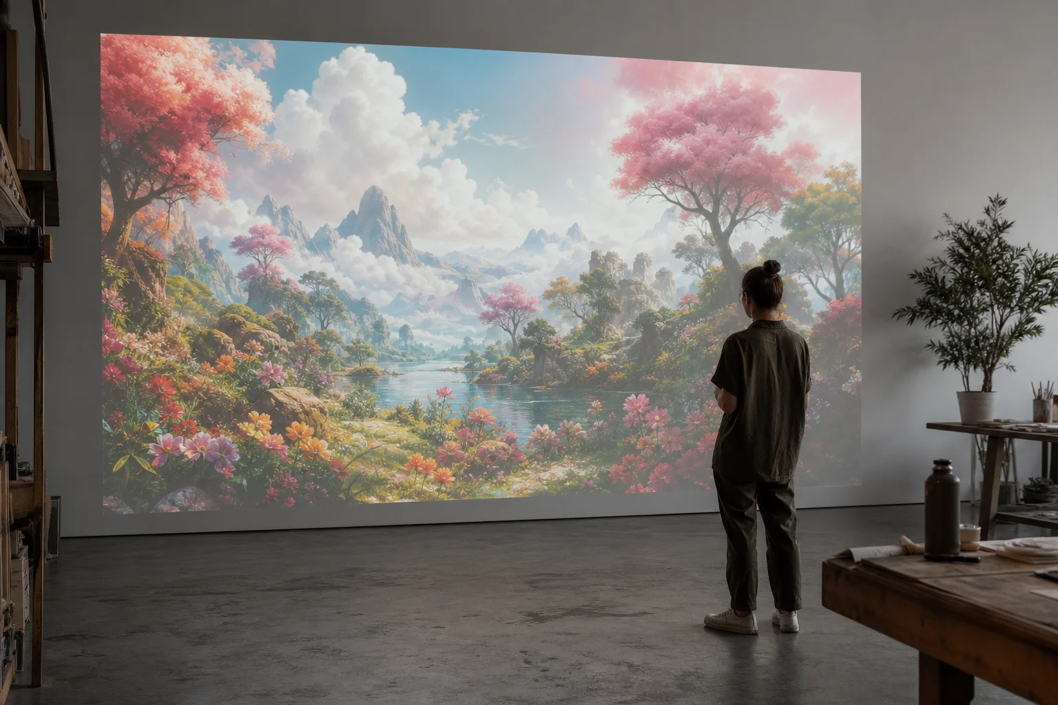 スタジオの壁に投影された高精細な4Kアート作品を鑑賞するアーティスト
